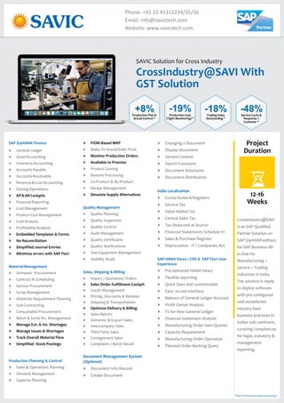 CrossIndustry@SAVI With
GST Solution
SAVIC Solution for Cross Industry
Phone: +91 22 41312234/35/36
Email: info@savictech.com
Website: www.savictech.com
SAP S/4HANA Finance
MaterialManagement
Production Planning & Control
† General Ledger
† AssetAccounting
† InventoryAccounting
† AccountsPayable
† AccountsReceivable
† Revenue&CostAccounting
† ClosingOperations
† FinancialReporting
† CostManagement
† ProductCostManagement
† CostAnalysis
† ProfitabilityAnalysis
† Domestic Procurement
† Contract & Scheduling
† Service Procurement
† Scrap Management
† Materials Requirement Planning
† Sub-Contracting
† Consumable Procurement
† Batch & Serial No. Management
† Sales & Operations Planning
† Demand Management
† Capacity Planning
† AP&ARCockpits
† Embedded Templates & Forms
† No Reconciliation
† Simplified Journal Entries
† Minimize errors with SAP Fiori
† Manage Ext. & Int. Shortages
† Manage Issues & Shortages
† Track Overall Material Flow
† Simplified Stock Postings
† FIORI-Based MRP
† Monitor Production Orders
† Available to Promise
† Simulate Supply Alternatives
† Sales Order Fulfillment Cockpit
† Optimize Delivery & Billing
† Make-To-Stock/Order Prod.
† Product Costing
† Rework Processing
† Co-Product & By-Product
† Recipe Management
† Quality Planning
† Quality Inspection
† Quality Control
† Audit Management
† Quality Certificates
† Quality Notifications
† Test Equipment Management
† Stability Study
† Inquiry / Quotation/ Orders
† Credit Management
† Pricing, Discounts & Rebates
† Shipping & Transportation
† Sales Return
† Domestic & Export Sales
† Intercompany Sales
† Third Party Sales
† Consignment Sales
† Complaints / Batch Recall
† Document Info Record
† Create Document
Quality Management
Sales, Shipping & Billing
Document Management System
(Optional)
† Changing a Document
† Display Document
† Version Control
† Search Functions
† Document Structures
† Document Distribution
† ExciseDuties&Registers
† Service Tax
† Value Added Tax
† Central Sales Tax
† Tax Deducted at Source
† Financial Statements Schedule VI
† Sales & Purchase Register
† Depreciation - IT / Companies Act
† Pre-delivered HANA Views
† Flexible reporting
† Quick Start and customizable
† Easy- to-use interface
† Balance of General Ledger Account
† Profit Center Analysis
† FS for New General Ledger
† Financial Statement Analysis
† Manufacturing Order Item Queries
† Capacity Requirement
† Manufacturing Order Operation
† Planned Order Backlog Query
India Localization
SAP HANA Views / CDS & SAP Fiori User
Experience
Project
Duration
12-16
Weeks
CrossIndustry@SAVI
is an SAP Qualified
Partner Solution on
SAP S/4HANA edition,
for SAP Business All-
in-One for
Manufacturing +
Service + Trading
Industries in India.
The solution is ready
to deploy software
with pre-configured
well established
industry best
business practices in
Indian sub continent,
covering compliances
for legal, statutory &
management
reporting.
*SAP Performance Benchmarking »
+8%Production Plan &
Actual Control *
-19%Production Cost
(Tight Monitoring) *
-18%Trading Sales
Outstanding *
-48%Service Cycle &
Response 2
Customer *
 