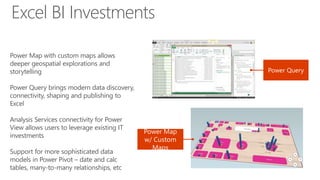 Excel BI Investments
Power Map with custom maps allows
deeper geospatial explorations and
storytelling
Power Query brings modern data discovery,
connectivity, shaping and publishing to
Excel
Analysis Services connectivity for Power
View allows users to leverage existing IT
investments
Support for more sophisticated data
models in Power Pivot – date and calc
tables, many-to-many relationships, etc
Power Map
w/ Custom
Maps
Power Query
 