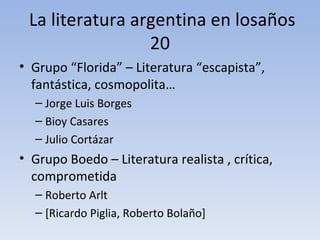 La literatura argentina en losaños
                 20
• Grupo “Florida” – Literatura “escapista”,
  fantástica, cosmopolita…
  – Jorge Luis Borges
  – Bioy Casares
  – Julio Cortázar
• Grupo Boedo – Literatura realista , crítica,
  comprometida
  – Roberto Arlt
  – [Ricardo Piglia, Roberto Bolaño]
 