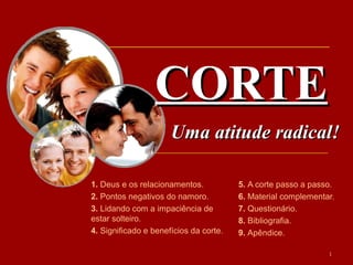 CORTE
                      Uma atitude radical!

1. Deus e os relacionamentos.           5. A corte passo a passo.
2. Pontos negativos do namoro.          6. Material complementar.
3. Lidando com a impaciência de         7. Questionário.
estar solteiro.                         8. Bibliografia.
4. Significado e benefícios da corte.   9. Apêndice.

                                                               1
 