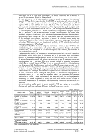 II. GLI STRUMENTI PER LE POLITICHE PUBBLICHE
CORTE DEI CONTI Rapporto sul coordinamento della finanza pubblica 111
Sezioni riunite in sede di controllo 2014
importanti, pur se in gran parte straordinari, che hanno comportato un incremento, in
termini di stanziamento definitivo, di 24 miliardi.
Si tratta di risorse per la partecipazione a banche, fondi, e organismi internazionali
(capitolo 7175) e di risorse previste dal DL 35/2013, per assicurare agli enti territoriali la
liquidità necessaria per i pagamenti dei debiti certi, liquidi ed esigibili (capitolo 7398). Il
capitolo 7398 è stato istituito nel corso del 2013 ed è stato interessato da diversi
provvedimenti amministrativi di variazione, il più importante dei quali a seguito della
modifica al dl 35/2013 apportata dal DL 102/2013, che ha complessivamente rideterminato
la dotazione finale per l’anno 2013 in oltre 16,7 miliardi, integralmente impegnati e pagati
per 14,4 miliardi. Le tre Sezioni costituenti il fondo corrispondono a tre diversi piani
gestionali sui quali è transitata la spesa destinata al pagamento dei debiti degli enti locali,
delle Regioni e degli enti del SSN. Gli enti locali hanno avuto uno stanziamento definitivo
di 3,6 miliardi, integralmente impegnato e pagato; le Regioni hanno avuto uno
stanziamento definitivo di 5,6 miliardi, integralmente impegnato e pagato per 4,1 miliardi;
gli enti del SSN hanno avuto uno stanziamento definitivo di 7,5 miliardi, integralmente
impegnato e pagato per 6,7 miliardi.
Classificata nell’ambito di questa categoria economica è anche la spesa destinata alla
contribuzione per la sottoscrizione al capitale del Meccanismo Europeo di Stabilità
(capitolo 7605), per un importo di 5,7 miliardi disposto con il relativo provvedimento di
variazione nel corso del 2013.
Da quanto sopra emerge che le categorie considerate costituiscono il 93,6 per cento degli
stanziamenti iniziali della spesa in c/capitale, ma il 61 per cento degli stanziamenti
definitivi di competenza, mentre i diciotto capitoli ne rappresentano circa il 70 per cento.
Al netto della spesa imputabile alle categorie economiche escluse, la spesa qui considerata
rappresenta circa il 75 per cento della spesa in conto capitale, in termini di stanziamenti
iniziali. La percentuale scende al 70 per cento, se si considerano le previsioni di cassa.
Una delle ragioni del disallineamento con le disponibilità di cassa, risiede nel fatto che, in
presenza di risorse che finanziano attività che (non del tutto fisiologicamente) si realizzano
in ritardo o in tempi molto lunghi (es. per contratti di programma), l’amministrazione non
sempre provvede a dotare gli stanziamenti di competenza delle corrispondenti disponibilità
di cassa, utilizzando queste ultime per altre finalità. La percentuale dei pagamenti di
competenza è pari al 57,9 per cento dell’impegno, sempre con riferimento alla spesa qui
considerata ed esclusi i cinque capitoli fondo, non interessati dalla fase dell’impegno e del
pagamento. Se, invece, l’incidenza si misura sul totale della spesa in conto capitale, la
percentuale dei pagamenti di competenza riferiti ai capitoli considerati rappresenta il 26,6
per cento.
La scomposizione della spesa in conto capitale 2013 per categorie economiche,
distinguendo quelle qui analizzate dal totale, risulta dal seguente prospetto:
(importi in milioni)
Categoria di spesa
previsioni
iniziali
competenza
stanziamenti
definitivi
competenza
autorizzazioni
iniziali di
cassa
autorizzazioni
definitive di
cassa
impegni
lordi
pagato su
competenza
pagato su
residui
pagato
totale
Investimenti fissi lordi 5.266,57 6.551,42 6.131,42 7.246,45 6.541,03 3.180,46 2.582,17 5.762,63
Contributi agli investimenti
alle amministrazioni
pubbliche
10.830,99 13.872,52 11.438,90 15.898,79 13.861,63 11.396,95 2.991,15 14.388,10
Contributi agli investimenti
alle imprese
10.573,52 11.216,79 11.659,69 12.119,20 11.147,55 6.983,23 2.767,44 9.750,67
Contributi agli investimenti
a famiglie i istituzioni
sociali private
53,50 53,84 56,65 151,23 53,74 45,49 53,95 99,44
Contributi agli investimenti
a estero
395,56 770,45 404,96 779,39 769,10 757,00 6,38 763,38
Altri trasferimenti in
c/capitale
14.267,22 11.850,89 14.747,12 11.403,73 11.838,18 3.602,47 1.397,09 4.999,56
Acquisizioni di attività
finanziarie
2.338,74 26.964,05 2.493,74 27.347,05 26.963,60 24.597,71 451,08 25.048,79
Spese in c/capitale 43.726,10 71.279,96 46.932,48 74.945,84 71.174,83 50.563,31 10.249,27 60.812,58
Tot. categorie considerate
(cat.
XXI;XXII;XXIII;XXVI) 40.938,30 43.491,62 43.977,13 46.668,17 43.388,38 25.163,10 9.737,86 34.900,97
Fonte: elaborazioni Corte dei conti su dati RGS.
 