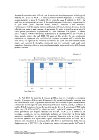 I. I CONTI PUBBLICI NEL CONTESTO EUROPEO
CORTE DEI CONTI Rapporto sul coordinamento della finanza pubblica
Sezioni riunite in sede di controllo 2014
7
Secondo le quantificazioni ufficiali, con le misure di stimolo contenute nella legge di
stabilità 2013 e nel DL 35/2013 il bilancio pubblico avrebbe registrato, lo scorso anno,
un ampliamento, in quota di Pil, dello 0,6 per cento. La legge di stabilità per il 2014 ha
anch’essa segno espansivo ed eleva di due decimi di punto il disavanzo programmatico
di quest’anno. Questi interventi hanno, tuttavia, attenuato e non annullato,
l’impostazione restrittiva della manovra di finanza pubblica. La misura di stance fiscale
ufficialmente usata in sede europea è la variazione del saldo strutturale e, come già si è
visto, questa grandezza ha registrato nel 2013 una correzione di 0,6 punti. Lo scorso
anno, l’impulso restrittivo trasmesso dalla manovra di finanza pubblica all’economia è
stato, quindi, minore che nel 2012 (2,2 punti di Pil, grafico 3), ma ugualmente
consistente se rapportato alle condizioni di profonda recessione dell’economia. Per
altro verso, ciò significa che i risultati di bilancio del 2013 sono stati ottenuti anche
grazie agli elementi di disciplina incorporati nei provvedimenti varati negli anni
precedenti, fatto che evidenzia un consolidamento delle tendenze di fondo della finanza
pubblica italiana.
GRAFICO 3
LA STANCE DELLA POLITICA FISCALE IN ITALIA
(VARIAZIONI DEL SALDO STRUTTURALE IN % DEL PIL; SEGNO NEGATIVO INDICA RESTRIZIONE)
-2,2
-0,6
-0,2
-0,5
-0,1
-2,5
-2,0
-1,5
-1,0
-0,5
0,0
2012 2013 2014 2015 2016
Fonte: DEF 2014.
6. Nel 2013, la manovra di finanza pubblica non si è limitata a perseguire
obiettivi di sostegno della crescita. Il passaggio alla nuova legislatura ha innescato una
discontinuità nelle scelte di governo, manifestatasi nell’adozione di provvedimenti volti
a rimuovere alcuni capisaldi della manovra correttiva in essere e, quindi, a cambiare il
profilo della legislazione vigente. In quest’ottica si è deciso di sopprimere l’IMU sulla
prima casa (DL 102-133/2013) e di rinviare dal 1° luglio al 1° ottobre l’aumento di 1
punto percentuale dell’aliquota ordinaria dell’Iva (DL 76/2013). Si è trattato di un
passaggio complesso, che ha innanzitutto richiesto di reimpostare le forme della
tassazione immobiliare, poi di trovare le coperture finanziarie volte a evitare che le
modifiche apportate alla legislazione vigente determinassero effetti sui saldi. Ne è
derivata una situazione di incertezza, tanto che dopo la pubblicazione della Nota di
Aggiornamento al DEF 2013, che abitualmente incorpora i preconsuntivi dell’anno, il
 