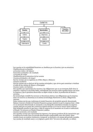 Las cuentas en la contabilidad financiera se clasifican por su función y por su estructura
Clasificación por su función:
a) Cuentas reales o de balance
b) Cuentas nominales o de resultado
c) Cuentas de orden
Clasificación por la estructura de las cuentas
Cuentas principales o de mayor
Son las cuentas que se registran en el libro Mayor y Balances
Cuentas auxiliares
Son las cuentas que se derivan de las cuentas principales y que sirven para sumarizar o totalizar
el saldo de las cuentas de Mayor o Principales
Cuentas reales o de balance
Son aquellas que representan los recursos y las obligaciones que en un momento dado tiene la
empresa o negocio (a una fecha dada), entendiendo por recursos todos aquellos bienes que tiene
la empresa y que le permiten desarrollar su objeto social, es decir, la producción de bienes o
servicios.
En terminología contable los recursos se denominan Activos. Las obligaciones que la empresa
tiene con terceros se denomina en la misma terminología Patrimonio es decir, obligaciones
internas.
Estas cuentas son las que conforman el estado financiero de propósito general, denominado
Balance General o Estado de Posición Financiera porque muestra lo que la empresa tiene o debe
en un momento determinado es semejante a una fotografía instantánea tomada a la empresa
cuando pasó por un punto del continnum espacio-tiempo en el cual se mueve hacia el futuro.
Esta fotografía muestra lo que tiene y debe la empresa en el momento en el cual se confeccionó
el Estado. Es entonces un Estado Financiero estático.
Cuentas nominales o de resultado
Son aquellas cuentas que representan los ingresos y los egresos producto de las operaciones que
la empresa ha tenido entre un periodo determinado comprendido entre dos fechas. Estas
cuentas tienen un carácter transitorio o temporal, su duración es la misma del periodo contable.
Las cuentas de resultado nacen o se originan a partir del 1º de enero de cada año y se deben
 