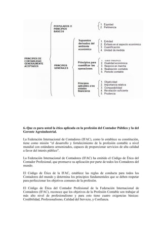6.-Que es para usted la ética aplicada en la profesión del Contador Público y la del
Gerente Agroindustrial.
La Federación Internacional de Contadores (IFAC), como lo establece su constitución,
tiene como misión “el desarrollo y fortalecimiento de la profesión contable a nivel
mundial con estándares armonizados, capaces de proporcionar servicios de alta calidad
a favor del interés público”.
La Federación Internacional de Contadores (IFAC) ha emitido el Código de Ética del
Contador Profesional, que promueve su aplicación por parte de todos los Contadores del
mundo.
El Código de Ética de la IFAC, establece las reglas de conducta para todos los
Contadores del mundo y determina los principios fundamentales que se deben respetar
para perfeccionar los objetivos comunes de la profesión.
El Código de Ética del Contador Profesional de la Federación Internacional de
Contadores (IFAC), reconoce que los objetivos de la Profesión Contable son trabajar al
más alto nivel de profesionalismo y para esto tiene cuatro exigencias básicas:
Credibilidad, Profesionalismo, Calidad del Servicio, y Confianza.
 