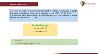 EJERCICIOS INDICADOR 1
EJ. 8 En la producción de una empresa, la cantidad de artículos defectuosos, se puede
determinar en función del tiempo, por la expresión 𝑦 = 4𝑡 + 5𝑡2
− 𝑡3
, 0 ≥ 𝑡 ≤ 5
Sí el encargado del proceso comienza a trabajar desde las 10:00 am, determine la tasa de
artículos con defectos a las 11:00am.
Conclusión:
𝑦′
= 4 + 10 ( 1 ) – 3( 𝟏 )2
= 11
Formula y Reemplazo
𝑦 = 4𝑡 + 5𝑡2 - 𝑡3
𝑦′
= 4 + 10 t – 3𝒕2
 
