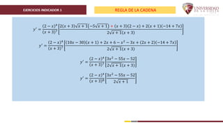 EJERCICIOS INDICADOR 1 REGLA DE LA CADENA
𝑦′ =
2 − 𝑥 4
𝑥 + 3 7
2 𝑥 + 3 𝑥 + 1 −5 𝑥 + 1 + 𝑥 + 3 2 − 𝑥 + 2 𝑥 + 1 −14 + 7𝑥
2 𝑥 + 1 𝑥 + 3
𝑦′
=
2 − 𝑥 4
𝑥 + 3 7
10𝑥 − 30 𝑥 + 1 + 2𝑥 + 6 − 𝑥2 − 3𝑥 + 2𝑥 + 2 −14 + 7𝑥
2 𝑥 + 1 𝑥 + 3
𝑦′ =
2 − 𝑥 4
𝑥 + 3 7
3𝑥2
− 55𝑥 − 52
2 𝑥 + 1 𝑥 + 3
𝑦′
=
2 − 𝑥 4
𝑥 + 3 8
3𝑥2 − 55𝑥 − 52
2 𝑥 + 1
 