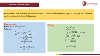 DERIVACIÓN IMPLICITA
Es el proceso de función de derivación cuando la función no está explicita; por lo tanto, en esta forma se
deriva aplicando la regla de la cadena.
Observemos:
Hallar 𝒚 ′ si 𝑥2 + 𝑦2 = 4
Solución:
𝑑
𝑑𝑥
𝑥2 + 𝑦2 =
𝑑
𝑑𝑥
(4)
2𝑥 + 2𝑦
𝑑𝑦
𝑑𝑥
= 0
2y
𝑑𝑦
𝑑𝑥
= −2𝑥
⟹
𝑑𝑦
𝑑𝑥
=
−𝑥
𝑦
= 𝑦 ′
Prueba:
𝑥2
+ 𝑦2
= 4
𝑦2
= 4 − 𝑥2
𝑦 = 4 − 𝑥2 = (4 − 𝑥)
1
2
𝑦 ′ =
1
2
(4 − 𝑥2
)
1
2(−2𝑥)
𝑦 ′ =
−𝑥
4 − 𝑥2
⟹ 𝑦 ′ =
−𝑥
𝑦
 