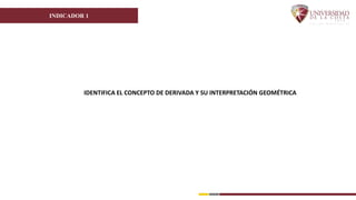 INDICADOR 1
IDENTIFICA EL CONCEPTO DE DERIVADA Y SU INTERPRETACIÓN GEOMÉTRICA
 