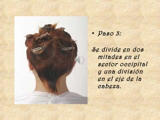 • Paso 3:

Se divide en dos
  mitades en el
  sector occipital
  y una división
  en el eje de la
  cabeza.
 