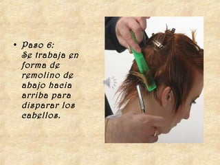 • Paso 6:
  Se trabaja en
  forma de
  remolino de
  abajo hacia
  arriba para
  disparar los
  cabellos. 
 