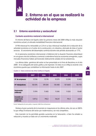 21
MODELO DE PLAN DE NEGOCIO: CORTE Y GRABADO POR LÁSER
entorno en el QUE SE REALIZARÁ lA ACTIVIDAD De la EMPRESA
2.1 Entorno económico y sociocultural
Contexto económico nacional e internacional
El informe del Banco de España sobre los primeros meses del 2009 refleja la mala situación
económica actual y la elevada inestabilidad financiera internacional.
El PIB interanual ha retrocedido un 2,9 en su tasa interanual resultado de la reducción de la
actividad económica en el sector de la construcción y la industria y derivado de éstas el sector
servicios. El crecimiento del deseempleo continúa durante este periodo alcanzando un 17%.
En el panorama económico internacional, el deterioro de la situación financiera desembocó
en una grave crisis de confianza y comenzó a extenderse hacia las economías emergentes, cuyos
mercados financieros habían permanecido relativamente aislados de las turbulencias.
Los últimos datos genéricos del sector se han presentado en la Feria de Barcelona en el año
2009. En la radiografía del sector gráfico y de impresión. En éstos no se refleja la reciente crisis
económica puesto que contabilizan la información hasta el año 2007.
Cuadro 3.- Datos sectoriais das Artes Gráficas en España
Destaca el gran aumento de la inversión en maquinaria en los últimos años, de casi un 300%
lo que refleja el esfuerzo del sector por modernizarse y ser más competitivo.
Esta inversión no ha permitido grandes aumentos en la facturación, si bien ha evitado su
reducción y muestra un dato con un crecimiento moderado.
2. Entorno en el que se realizará la
actividad de la empresa
2007 2006 2005 2004 2003
Nº de empresas 12.156 12.178 12.275 12.290 12.405
Nº trabajadores 132.076 129.334 135.428 137.3625 132.725
Facturación
(millones)
11.974 11.425 11.245 11.223 10.681
Inversión en
maquinaria
(millones)
1.877,6 792,2 765,41 701,4 632,8
Fuente: Radiografía del sector gráfico e impresión 2009 (Feria de Barcelona)
 