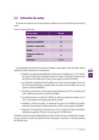 43
MODELO DE PLAN DE NEGOCIO: CORTE Y GRABADO POR LÁSER
el MERCADO
5.2 Estimación de ventas
El número de empresas con las que prevemos colaborar en la zona de influencia de LáserVip
es de:
Cuadro 5: Clientes potenciales
Las estimaciones de clientes con los que se trabajará varían según el tipo de cliente, hemos
optado por realizar estimaciones conservadoras.
•	 Respecto a las agencias de publicidad se estima que se trabajará con un 12% del to-
tal, ya que muchas otras no trabajan artículos de regalo. (14 clientes). El gasto medio
por cliente será de 3.600 euros al año, lo que supone un total de 50.400 €.
•	 Las imprentas y empresas de artes gráficas con las que se prevé trabajar será de un
70% del total (48 clientes). El gasto medio por cliente será de 6.000 euros lo que
supone un total de 288.000 €.
•	 Hostelería y restauración se estima que se podrá trabajar con el 15% y el gasto anual
es de 1.000 € lo que supone un total de 53.000 €.
•	 Los hoteles gastan una media de 1.500 € y se estima que podremos trabajar con un
15%, lo que supone un mercado potencial de 4.730 €
•	 Papelerías y tiendas de regalos, la estimación de gasto es de 5.000 € por estable-
cimiento y el porcentaje de colaboraciones de un 40%, lo que suponen 156.000 €
•	 Respecto a los particulares estimamos que un 5% compra este tipo de productos
realizando un gasto de 100 euros. Lo que suponen 125.000 euros.
El volumen económico del mercado potencial es de 677.130 euros que se divide entre 4 empre-
sas que cuentan con sistema de grabación láser, esto dejaría a LáserVip un mercado potencial
de 169.282 euros.
Tipo de cliente Número
Artes gráficas 69
Agencias de publicidad 120
Hostelería y restauración 354
Hoteles 21
Papelerías y tiendas de
regalos
78
Particulares 25.000
 