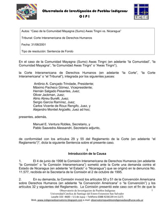 Corte idh, caso de la comunidad mayagna awas tingni vs. nicaragua, 31 08-2001..