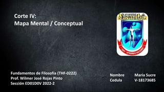 Corte IV:
Mapa Mental / Conceptual
Nombre Maria Sucre
Cedula V-18173685
Fundamentos de Filosofía (THF-0222)
Prof. Wilmer José Rojas Pinto
Sección ED01D0V 2022-2
 