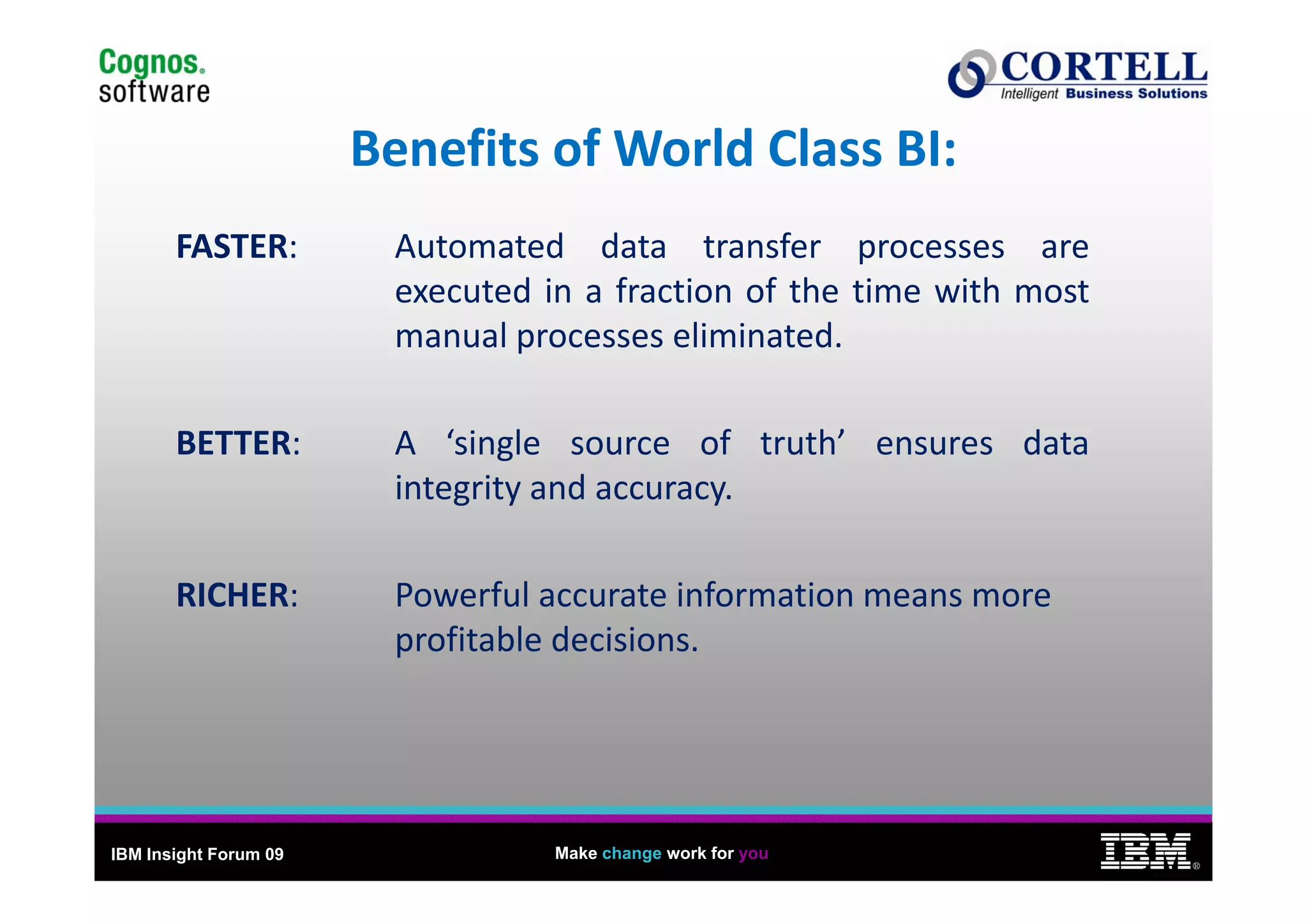 3

                       Benefits of World Class BI:
                       Benefits of World Class BI:
       FASTER:          Automated data transfer processes are
                        executed in a fraction of the time with most
                        manual processes eliminated.

       BETTER:          A ‘single source of truth’ ensures data
                        integrity and accuracy.

       RICHER:          Powerful accurate information means more
                        profitable decisions.




IBM Insight Forum 09              Make change work for you
                                                                           ®
 