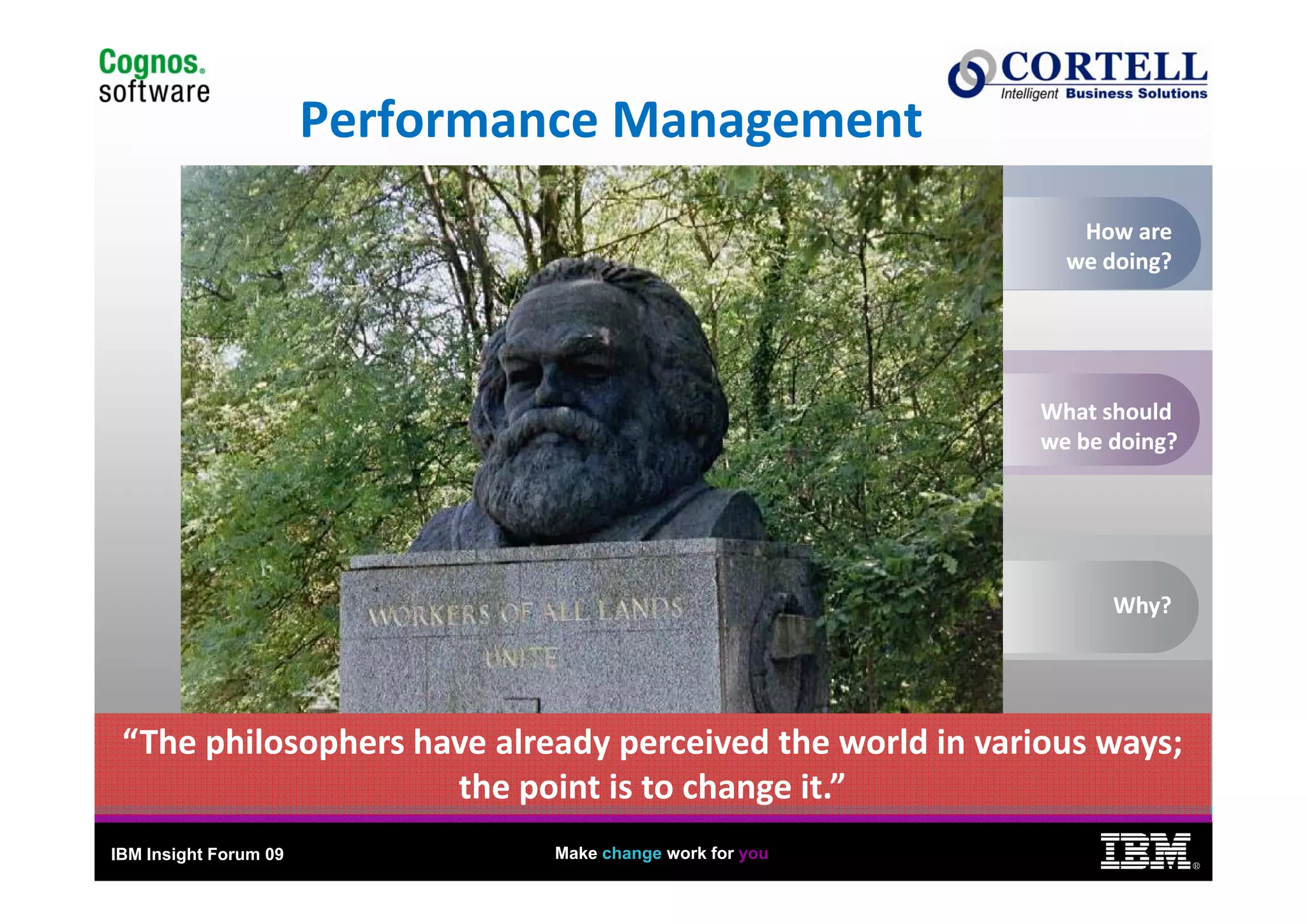 Performance Management
                                                              How are
                                                             we doing?
                                                                d    ?




                                                           What should
                                                           we be doing?




                                                                 Why?




 “The philosophers have already perceived the world in various ways; 
                     the point is to change it.” 
                      h     i i       h     i ”
IBM Insight Forum 09            Make change work for you
                                                                          ®
 