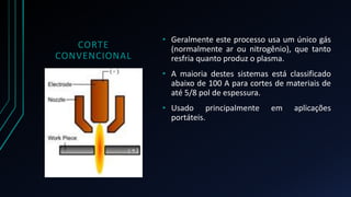 CORTE 
CONVENCIONAL 
• Geralmente este processo usa um único gás 
(normalmente ar ou nitrogênio), que tanto 
resfria quanto produz o plasma. 
• A maioria destes sistemas está classificado 
abaixo de 100 A para cortes de materiais de 
até 5/8 pol de espessura. 
• Usado principalmente em aplicações 
portáteis. 
 