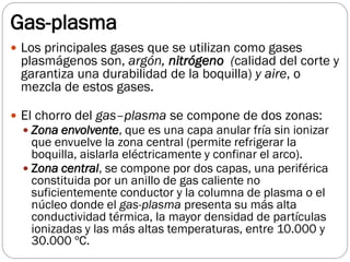 Gas-plasma
 Los principales gases que se utilizan como gases
plasmágenos son, argón, nitrógeno (calidad del corte y
garantiza una durabilidad de la boquilla) y aire, o
mezcla de estos gases.
 El chorro del gas–plasma se compone de dos zonas:
 Zona envolvente, que es una capa anular fría sin ionizar
que envuelve la zona central (permite refrigerar la
boquilla, aislarla eléctricamente y confinar el arco).
 Zona central, se compone por dos capas, una periférica
constituida por un anillo de gas caliente no
suficientemente conductor y la columna de plasma o el
núcleo donde el gas-plasma presenta su más alta
conductividad térmica, la mayor densidad de partículas
ionizadas y las más altas temperaturas, entre 10.000 y
30.000 ºC.
 