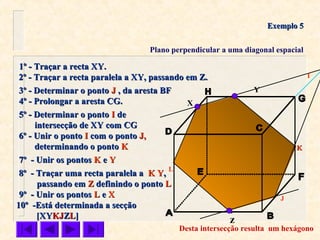 X
Y
z
1º - Traçar a recta XY.1º - Traçar a recta XY.
2º - Traçar a recta paralela a XY, passando em Z.2º - Traçar a recta paralela a XY, passando em Z.
4º - Prolongar a aresta CG.4º - Prolongar a aresta CG.
5º - Determinar o ponto5º - Determinar o ponto II dede
intersecção de XY com CGintersecção de XY com CG
I
6º - Unir o ponto6º - Unir o ponto II com o pontocom o ponto J,J,
determinando o pontodeterminando o ponto KK
3º - Determinar o ponto3º - Determinar o ponto JJ , da aresta BF, da aresta BF
J
7º - Unir os pontos7º - Unir os pontos KK ee YY
KK
8º - Traçar uma recta paralela a8º - Traçar uma recta paralela a K YK Y,,
passando empassando em ZZ definindo o pontodefinindo o ponto LL
9º - Unir os pontos9º - Unir os pontos LL ee XX
L
10º -Está determinada a secção10º -Está determinada a secção
[XY[XYKJKJZZLL]]
Plano perpendicular a uma diagonal espacial
Exemplo 5Exemplo 5
Desta intersecção resulta um hexágono
 