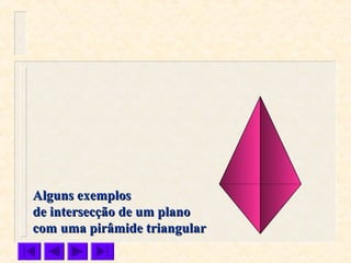 Alguns exemplosAlguns exemplos
de intersecção de um planode intersecção de um plano
com uma pirâmide triangularcom uma pirâmide triangular
 