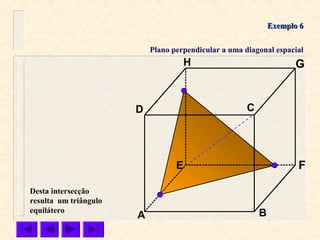 A B
CD
E F
GH
Exemplo 6Exemplo 6
Plano perpendicular a uma diagonal espacial
Desta intersecção
resulta um triângulo
equilátero
 