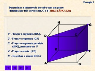 Determinar a intersecção do cubo com um planoDeterminar a intersecção do cubo com um plano
definido por três vértices (D, G e F)definido por três vértices (D, G e F) (RECTÂNGULO)(RECTÂNGULO)
1º - Traçar o segmento [DG].1º - Traçar o segmento [DG].
2º -Traçar o segmento [GF]2º -Traçar o segmento [GF]
4º -Traçar a aresta [AD]4º -Traçar a aresta [AD]
5º - Desenhar a secção DGFA5º - Desenhar a secção DGFA
3º -Traçar o segmento paralelo3º -Traçar o segmento paralelo
a[DG], passando em Fa[DG], passando em F
Exemplo 6Exemplo 6
 