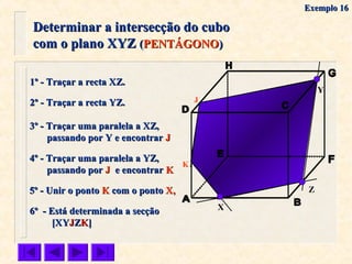 X
Y
Z
1º - Traçar a recta XZ.1º - Traçar a recta XZ.
2º - Traçar a recta YZ.2º - Traçar a recta YZ.
4º - Traçar uma paralela a YZ,4º - Traçar uma paralela a YZ,
passando porpassando por JJ e encontrare encontrar KK
5º - Unir o ponto5º - Unir o ponto KK com o pontocom o ponto X,X,
3º - Traçar uma paralela a XZ,3º - Traçar uma paralela a XZ,
passando por Y e encontrarpassando por Y e encontrar JJ
J
6º - Está determinada a secção6º - Está determinada a secção
[XY[XYJJZZKK]]
K
Determinar a intersecção do cuboDeterminar a intersecção do cubo
com o plano XYZcom o plano XYZ ((PENTÁGONOPENTÁGONO))
Exemplo 16Exemplo 16
 
