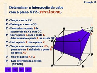 X
Y
z
1º - Traçar a recta XY.1º - Traçar a recta XY.
2º - Prolongar a aresta CG.2º - Prolongar a aresta CG.
4º - Unir o ponto4º - Unir o ponto ZZ com o pontocom o ponto I,I,
determinando o pontodeterminando o ponto JJ na aresta GFna aresta GF
5º - Unir o ponto5º - Unir o ponto JJ com o pontocom o ponto Y,Y,
I
6º - Traçar uma recta paralela a6º - Traçar uma recta paralela a J YJ Y,,
passando empassando em ZZ definindo o pontodefinindo o ponto KK
na arestana aresta ADAD
3º - Determinar o ponto3º - Determinar o ponto II dede
intersecção de XY com CGintersecção de XY com CG
J
7º - Unir os pontos7º - Unir os pontos KK ee XX
8º - Está determinada a secção8º - Está determinada a secção
[XYJZK][XYJZK]
K
Determinar a intersecção do cuboDeterminar a intersecção do cubo
com o plano XYZcom o plano XYZ ((PENTÁGONOPENTÁGONO))
Exemplo 17Exemplo 17
 