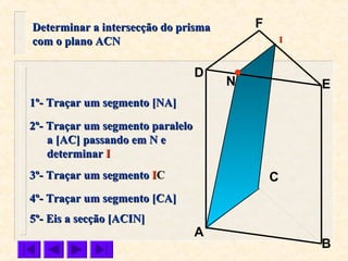 C
N
B
F
E
D
A
1º- Traçar um segmento [NA]1º- Traçar um segmento [NA]
Determinar a intersecção do prismaDeterminar a intersecção do prisma
com o plano ACNcom o plano ACN
2º- Traçar um segmento paralelo2º- Traçar um segmento paralelo
a [AC] passando em N ea [AC] passando em N e
determinardeterminar II
II
3º- Traçar um segmento3º- Traçar um segmento IICC
4º- Traçar um segmento [CA]4º- Traçar um segmento [CA]
5º- Eis a secção [ACIN]5º- Eis a secção [ACIN]
 