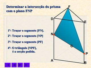 P
C
B
F
E
D
A
1º- Traçar o segmento [FN].1º- Traçar o segmento [FN].
2º- Traçar o segmento [NP]2º- Traçar o segmento [NP]
Determinar a intersecção do prismaDeterminar a intersecção do prisma
com o plano FNPcom o plano FNP
4º- O triângulo [NPF],4º- O triângulo [NPF],
é a secção pedida.é a secção pedida.
3º- Traçar o segmento [PF]3º- Traçar o segmento [PF]
N
 