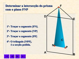 P
C
B
F
E
D
A
1º- Traçar o segmento [FN].1º- Traçar o segmento [FN].
2º- Traçar o segmento [NP]2º- Traçar o segmento [NP]
Determinar a intersecção do prismaDeterminar a intersecção do prisma
com o plano FNPcom o plano FNP
4º- O triângulo [NPF],4º- O triângulo [NPF],
é a secção pedida.é a secção pedida.
3º- Traçar o segmento [PF]3º- Traçar o segmento [PF]
N
 