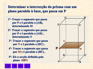 FFEE
DD CC
BBAA
HHGG
Determinar a intersecção do prisma com umDeterminar a intersecção do prisma com um
plano paralelo à base, que passa em Pplano paralelo à base, que passa em P
P
1º- Traçar o segmento que passa1º- Traçar o segmento que passa
por P e é paralelo a [AB],por P e é paralelo a [AB],
determinando Mdeterminando M
2º- Traçar o segmento que passa2º- Traçar o segmento que passa
por P e é paralelo a [AD] ,por P e é paralelo a [AD] ,
determinando Ndeterminando N
MM
NN3º- Traçar o segmento que passa3º- Traçar o segmento que passa
porpor NN e é paralelo a [DC] ,e é paralelo a [DC] ,
4º- Traçar o segmento que passa4º- Traçar o segmento que passa
porpor MM e é paralelo a [BC] ,e é paralelo a [BC] ,
5º- Eis a secção definida pelo5º- Eis a secção definida pelo
planoplano MMPPNN
 