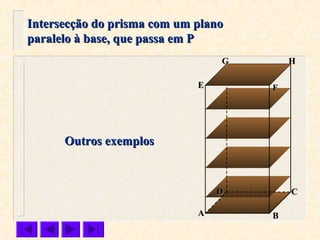 FFEE
DD CC
BBAA
HHGG
Intersecção do prisma com um planoIntersecção do prisma com um plano
paralelo à base, que passa em Pparalelo à base, que passa em P
Outros exemplosOutros exemplos
 