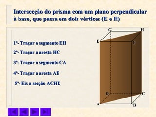 FFEE
DD CC
BBAA
HHGG
Intersecção do prisma com um plano perpendicularIntersecção do prisma com um plano perpendicular
à base, que passa em dois vértices (E e H)à base, que passa em dois vértices (E e H)
1º- Traçar o segmento EH1º- Traçar o segmento EH
2º- Traçar a aresta HC2º- Traçar a aresta HC
5º- Eis a secção ACHE5º- Eis a secção ACHE
3º- Traçar o segmento CA3º- Traçar o segmento CA
4º- Traçar a aresta AE4º- Traçar a aresta AE
 