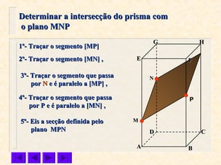 FFEE
DD CC
BBAA
HHGG
Determinar a intersecção do prisma comDeterminar a intersecção do prisma com
o plano MNPo plano MNP
P
1º- Traçar o segmento [MP]1º- Traçar o segmento [MP]
2º- Traçar o segmento [MN] ,2º- Traçar o segmento [MN] ,
MM
NN3º- Traçar o segmento que passa3º- Traçar o segmento que passa
porpor NN e é paralelo a [MP] ,e é paralelo a [MP] ,
4º- Traçar o segmento que passa4º- Traçar o segmento que passa
por Ppor P e é paralelo a [MN] ,e é paralelo a [MN] ,
5º- Eis a secção definida pelo5º- Eis a secção definida pelo
plano MPNplano MPN
 