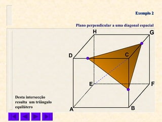 A B
CD
E F
GH
Exemplo 2Exemplo 2
Plano perpendicular a uma diagonal espacial
Desta intersecção
resulta um triângulo
equilátero
 