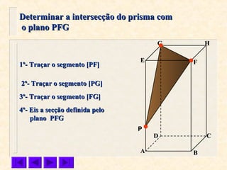 FFEE
DD CC
BBAA
HHGG
Determinar a intersecção do prisma comDeterminar a intersecção do prisma com
o plano PFGo plano PFG
P
1º- Traçar o segmento [PF]1º- Traçar o segmento [PF]
2º- Traçar o segmento [PG]2º- Traçar o segmento [PG]
3º- Traçar o segmento [FG]3º- Traçar o segmento [FG]
4º- Eis a secção definida pelo4º- Eis a secção definida pelo
plano PFGplano PFG
 