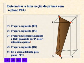 FFEE
DD CC
BBAA
HHGG
Determinar a intersecção do prisma comDeterminar a intersecção do prisma com
o plano PFGo plano PFG
1º- Traçar o segmento [PF]1º- Traçar o segmento [PF]
2º- Traçar o segmento [FG]2º- Traçar o segmento [FG]
3º- Traçar um segmento paralelo3º- Traçar um segmento paralelo
a [GF] passando por P, deter-a [GF] passando por P, deter-
minando o pontominando o ponto II
5º- Eis a secção definida pelo5º- Eis a secção definida pelo
plano PFGplano PFG
PP
II
4º- Traçar o segmento [IG]4º- Traçar o segmento [IG]
 