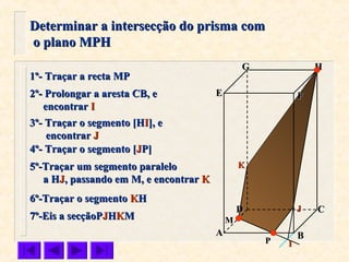 FFEE
DD CC
BBAA
HHGG
Determinar a intersecção do prisma comDeterminar a intersecção do prisma com
o plano MPHo plano MPH
1º- Traçar a recta MP1º- Traçar a recta MP
2º- Prolongar a aresta CB, e2º- Prolongar a aresta CB, e
encontrarencontrar II
3º- Traçar o segmento [H3º- Traçar o segmento [HII], e], e
encontrarencontrar JJ
5º-Traçar um segmento paralelo5º-Traçar um segmento paralelo
a Ha HJJ, passando em M, e encontrar, passando em M, e encontrar KK
PP
MM
4º- Traçar o segmento [4º- Traçar o segmento [JJP]P]
II
JJ
7º-Eis a secçãoP7º-Eis a secçãoPJJHHKKMM
KK
6º-Traçar o segmento6º-Traçar o segmento KKHH
 