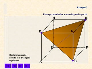 A B
CD
E F
GH
Exemplo 3Exemplo 3
Plano perpendicular a uma diagonal espacial
Desta intersecção
resulta um triângulo
equilátero
 