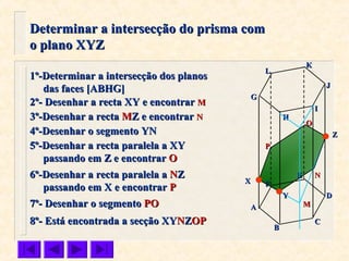 LL
KK
JJ
II
HH
GG
FF
EE
DD
CC
BB
AA
ZZ
XX
Determinar a intersecção do prisma comDeterminar a intersecção do prisma com
o plano XYZo plano XYZ
1º-Determinar a intersecção dos planos1º-Determinar a intersecção dos planos
das faces [ABHG]das faces [ABHG]
2º- Desenhar a recta XY e encontrar2º- Desenhar a recta XY e encontrar MM
3º-Desenhar a recta3º-Desenhar a recta MMZ e encontrarZ e encontrar NN
4º-Desenhar o segmento YN4º-Desenhar o segmento YN
5º-Desenhar a recta paralela a XY5º-Desenhar a recta paralela a XY
passando em Z e encontrarpassando em Z e encontrar OO
7º- Desenhar o segmento7º- Desenhar o segmento POPO
8º- Está encontrada a secção XY8º- Está encontrada a secção XYNNZZOPOP
MM
YY
NN
OO
PP
6º-Desenhar a recta paralela a6º-Desenhar a recta paralela a NNZZ
passando em X e encontrarpassando em X e encontrar PP
 