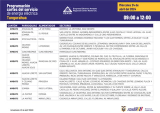 CANTÓN PARROQUIAS ALIMENTADOR SECTORES
09:00 a 12:00
Miércoles 24 de
abril del 2024
Programación
cortes del servicio
de energía eléctrica
Tungurahua
Actualizado: 23 de abril 19h00
CANTÓN PARROQUIAS ALIMENTADOR SECTORES
AMBATO ATAHUALPA LA VICTORIA BARRIOS: LA VICTORIA, SAN VICENTE
AMBATO
ATAHUALPA,
IZAMBA
EL PISQUE
SAN JOSÉ EL PISQUE; AVENIDA INDOAMÉRICA ENTRE JULIO CASTILLO Y PASO LATERAL; AV. JULIO
CASTILLO ENTRE AV. INDOAMÉRICA Y CALLE CIRO PEÑAHERRERA.
AMBATO ATOCHA/FICOA FICOA
BARRIO FICOA; AVENIDAS RODRIGO PACHANO Y LOS GUAYTAMBOS, ENTRE LA DELICIA Y CLUB
TUNGURAHUA
AMBATO
CELIANO
MONGE
LETAMENDI
CIUDADELAS: COLINAS DE BELLAVISTA, LETAMENDI, SIMON BOLIVAR Y SAN JUAN DE BELLAVISTA.
AV. LOS CHASQUIS ENTRE ORIENTE Y PICHINCHA, SECTOR COMPRENDIDO ENTRE LAS CALLES
LETAMENDI, 9 DE OCTUBRE, JAVIER ASCAZUBI Y AV. LOS CHASQUIS.
AMBATO CUNCHIBAMBA CUNCHIBAMBA PARROQUIA CUNCHIBAMBA
AMBATO
HUACHI
GRANDE,
CELIANO
MONGE, HUACHI
LORETO,
HUACHI SOLÍS
MANZANA DE ORO
BARRIOS: HUACHI EL PROGRESO, COLINAS DEL SUR, EL FRUTILLAL, LA FLORIDA, MANZANA DE
ORO, LUZ DE AMERICA Y SAN PEDRO DE MONTALVO; AV. ATAHUALPA ENTRE VIA DE INGRESO A
CEVALLOS Y JULIO JARAMILLO - COSTADO IZQUIERDO EN DIRECCION NORTE – SUR, AV. JULIO
JARAMILLO, AV. JULIO CÉSAR CAÑAR, HOSPITAL ALLÍ CAUSAI, HUACHI SOLÍS, CALLE CARLOS
RUBIRA INFANTE.
AMBATO HUACHI LORETO SAN ANTONIO
CDLA. BELLAVISTA, SAN ANTONIO, AV. QUIS QUIS ENTRE ATAHUALPA Y TUNGURAHUA, CALLES:
ORIENTE, PACCHA, TUNGURAHUA, ESMERALDAS, AV. LOS SHYRIS ENTRE HUAYNA CAPAC Y PALTAS,
IMBABURA, INCAS ENTRE PACCHA Y VIRACOCHA, MAINALOA, 24 DE MAYO Y COTOPAXI.
AMBATO
HUACHI LORETO
Y CELIANO
MONGE
PRADERA
CELIANO MONGE: CDLA SAN CAYETANO Y LA PRADERA.
HUACHI LORETO: CALLE AZUAY, LOS INCAS, PICHINCHA, LOS CHASQUIS ENTRE LEONIDAS PLAZA Y
MATHEUS, COTOPAXI, IMBABURA, LATACUNGA, TULCAN, 24 DE MAYO.
AMBATO IZAMBA PASO LATERAL
YACUPAMBA; PASO LATERAL ENTRE AV. INDOAMÉRICA Y EL PUENTE SOBRE LA CALLE JULIO
CASTILLO; AV. PEDRO VASCONEZ ENTRE EL INGRESO A QUILLAN Y LA CALLE PORTO ALEGRE.
AMBATO LA MATRIZ ESPAÑA
CIUDADELAS: LA VICENTINA, SAN ANTONIO; SECTOR COMPRENDIDO ENTRE AV. ATAHUALPA, QUIS
QUIS, VALENCIA Y AV. LOS SHYRIS; CALLES 12 DE OCTUBRE, FLOREANA Y RODRIGO DE BASTIDAS.
AMBATO LA MATRIZ MIRAFLORES CIUDADELA MIRAFLORES, CALLES: FLOREANA, AV. MIRAFLORES
 