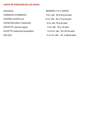 CORTE DE PRECISION DE LAS PAPAS
(torneados) MEDIDAS ( 5 A 7 LADOS)
FONDANTE (FUNDENTE) 8 cm. alto 80 a 90 g de peso
CHATEAU (CASTILLO) 6 cm. alto 60 a 70 g de peso
VAPOR NATURAL O INGLESA 5 cm. alto 50 g de peso
COCOTTE ( para los ragus) 4 cm. alto 40 g de peso
OLIVETTE (aceitunas) bouquetiere 5 a 6 cm. alto 50 a 60 de peso
AJO (AIL) 2 a 3 cm. alto 20 a 30g de peso
 
