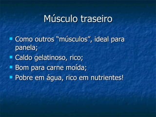 Músculo traseiro Como outros “músculos”, ideal para panela; Caldo gelatinoso, rico; Bom para carne moída; Pobre em água, rico em nutrientes! 