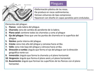 Pliegues
                             •Deformación plástica de las rocas.
                             •Se produce en rocas sedimentarias.
                             •Actúan esfuerzos de tipo compresivo.
                             •Aparecen con diseño en capas paralelas pero onduladas.

Elementos del pliegue:
1. Flanco: cada ladera del pliegue.
2. Charnela: zona de cambio de pendiente de la ladera.
3. Plano axial: contiene todos las charnelas y corta al pliegue
4. Eje del pliegue: línea que une los puntos de charnela en la superficie del
    pliegue.
5. Núcleo: parte interna del pliegue.
6. Cresta: zona más alta del pliegue y convexa hacia arriba.
7. Valle: zona más baja del pliegue y cóncava hacia arriba.
8. Dirección o rumbo: ángulo que forma el eje del pliegue con la dirección
    geográfica norte-sur.
9. Inmersión: ángulo que forma la charnela y el plano horizontal.
10. Vergencia: ángulo que forma el plano axial y el plano horizontal.
11. Buzamiento: ángulo que forman las superficies de los flancos con el plano
    horizontal.

                                                                                 Antonio Arenal
 