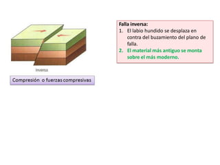 Falla inversa:
1. El labio hundido se desplaza en
contra del buzamiento del plano de
falla.
2. El material más antiguo se monta
sobre el más moderno.
 