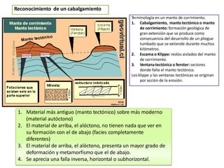 Reconocimiento de un cabalgamiento
1. Material más antiguo (manto tectónico) sobre más moderno
(material autóctono)
2. El material de arriba, el alóctono, no tienen nada que ver en
su formación con el de abajo (facies completamente
diferentes)
3. El material de arriba, el alóctono, presenta un mayor grado de
deformación y metamorfismo que el de abajo.
4. Se aprecia una falla inversa, horizontal o subhorizontal.
Terminología en un manto de corrimiento:
1. Cabalgamiento, manto tectónico o manto
de corrimiento: formación geológica de
gran extensión que se produce como
consecuencia del desarrollo de un pliegue
tumbado que se extiende durante muchos
kilómetros.
2. Escama o Klippe: restos aislados del manto
de corrimiento.
3. Ventana tectónica o fenster: sectores
donde falta el manto tectónico.
Los klippe y las ventanas tectónicas se originan
por acción de la erosión.
 