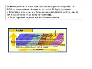 Facies: conjunto de rocas con características homogéneas que pueden ser
definidos y separados de otros por su geometría, litología, estructuras
sedimentarias, fósiles, etc., y se forman en unas condiciones concretas que se
han mantenido durante un tiempo determinado.
Las facies se pueden disponer horizontal o verticalmente.
 