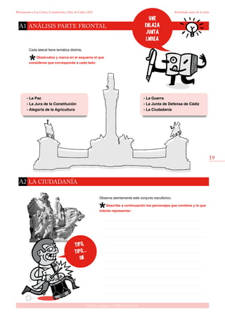 19
Gabinete pedagógico de Bellas Artes. Cádiz
Monumento a Las Cortes, Constitución y Sitio de Cádiz, 1812 Actividades antes de la visita
Cada lateral tiene temática distinta.
Obsérvalos y marca en el esquema el que
consideres que corresponda a cada lado:
- La Paz
- La Jura de la Constitución
- Alegoría de la Agricultura
- La Guerra
- La Junta de Defensa de Cádiz
- La Ciudadanía
Observa atentamente este conjunto escultórico.
Describe a continuación los personajes que contiene y lo que
intenta representar:
tipo,
tipo...
iin
análisis parte frontalA1
LA CIUDADANÍAA2
une
enlaza
junta
linkea
 