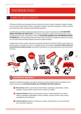 1
29
Gabinete pedagógico de Bellas Artes. Cádiz
Monumento a Las Cortes, Constitución y Sitio de Cádiz, 1812 Actividades posteriores a la visita
Integrado por los Bienes Inmuebles y sus entornos, inscritos como Bien de Interés Cultural. Se clasifican de la si-
guiente forma dentro del CATÁLOGO GENERAL DEL PATRIMONIO HISTORICO ANDALUZ:
	 Monumentos: Edificios y estructuras de interés histórico, arqueológico, paleontológico, artístico, 	
	 etnológico, industrial, científico, social o técnico, incluidos sus muebles.
	 Conjuntos Históricos: Grupo de construcciones urbanas o rurales importantes por su interés 		
	 histórico, arqueológico, paleontológico, artístico, etnológico, industrial, científico, social o técnico,
	 susceptibles de clara delimitación.
	 Jardines Históricos: Espacios de interés por su origen o pasado histórico o por sus valores esté-	
	 ticos, sensoriales o botánicos.
PATRIMONIO
PATRIMONIO INMUEBLE
El Patrimonio Histórico está compuesto de todos los bienes de la cultura, material e inmaterial, ubicados en Andalu-
cía y que revelen interés artístico, histórico, arqueológico, etnológico, documental, bibliográfico, científico o industrial,
para nuestra Comunidad, incluidas las particularidades lingüísticas.
Las Administraciones Públicas colaborarán estrechamente entre sí para el cumplimiento de la LEY DE PATRI-
MONIO HISTÓRICO DE ANDALUCÍA. La Consejería competente en materia de Patrimonio Histórico será la
encargada de la formación, conservación y difusión del CATÁLOGO GENERAL DEL PATRIMONIO HISTÓRI-
CO ANDALUZ, que comprenderá los Bienes de Interés Cultural, los bienes de catalogación general y los incluidos
en el Inventario General de Bienes Muebles del Patrimonio Histórico Español.
Cualquier persona física o jurídica, además de la Consejería competente en Patrimonio Histórico, podrá realizar una
petición respecto a la inclusión de un bien en el Catálogo General. Se constituye el Inventario de Bienes Reconoci-
dos del Patrimonio Histórico Andaluz, para facilitar la identificación de determinados bienes como parte de dicho
Patrimonio.
1
2
3
¿SABES EN QUé CONSISTE?P1
 